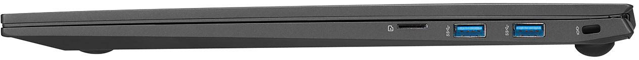 Seitenansicht eines schwarzen Laptops mit Anschlüssen für USB und andere Verbindungen.