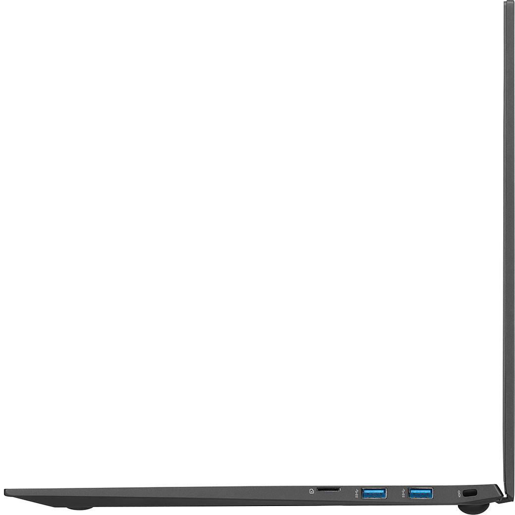 Eine Seitenansicht eines schwarzen Laptops, die Anschlüsse und Kanten zeigt.
