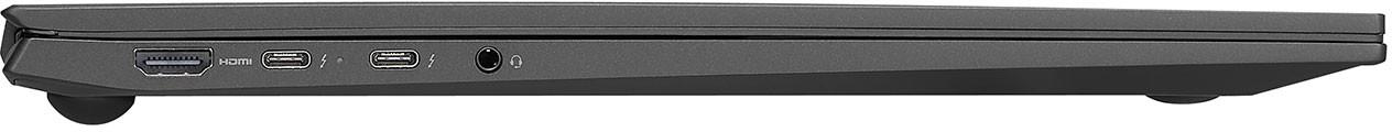 Seitenansicht eines Laptops, mit Anschlüssen: HDMI, USB, USB-C und Audioanschluss.