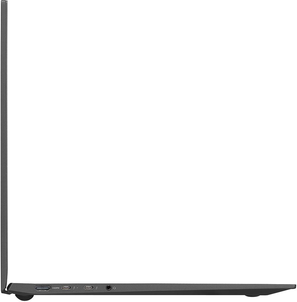 Seitenansicht eines schwarzen Laptops mit Anschlüssen an der Seite. Der Bildschirm ist weiß.