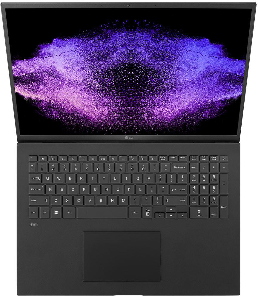 Ein Laptop mit geöffnetem Bildschirm, der ein abstraktes lila und weißes Design zeigt.