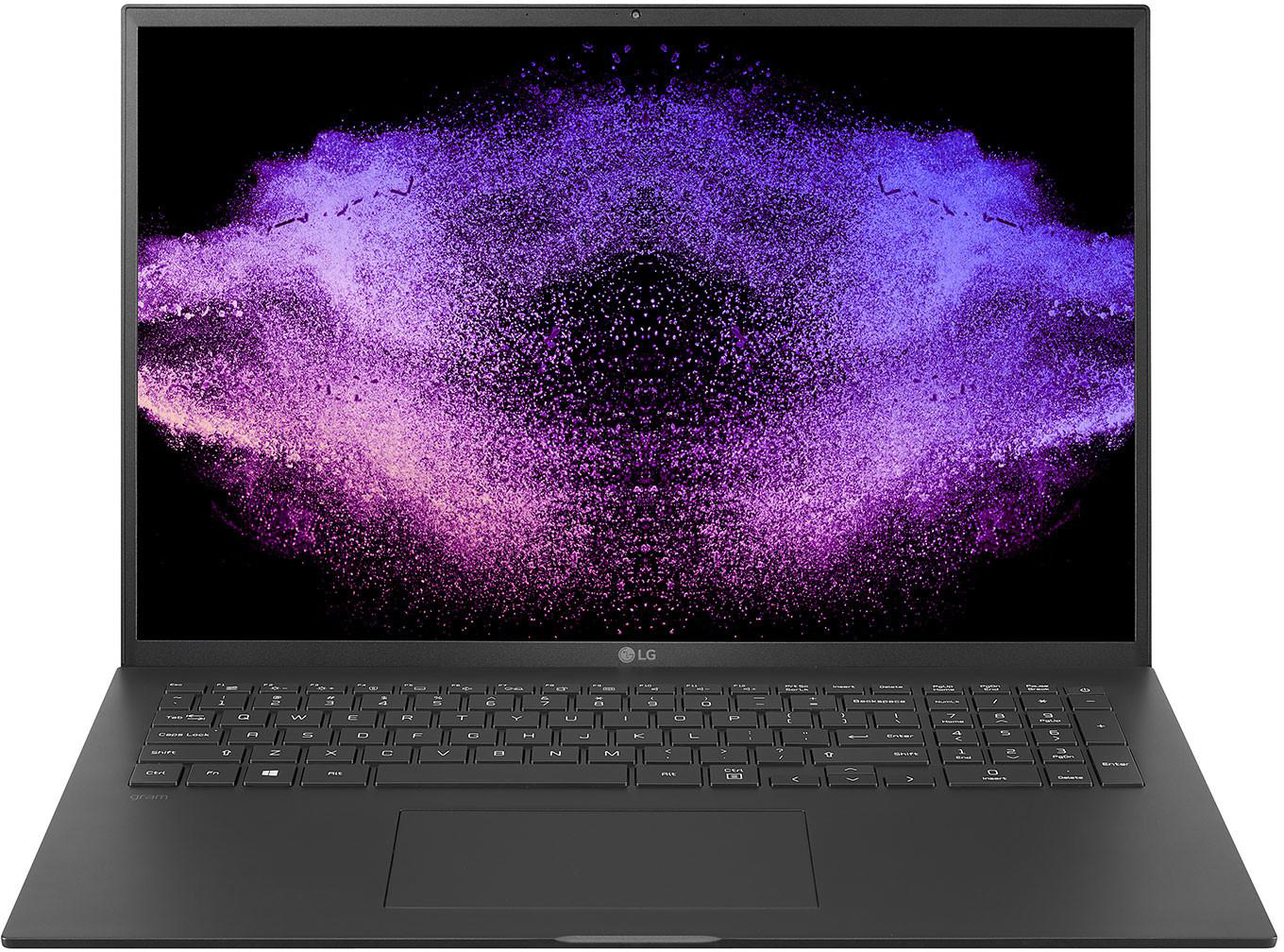 Schwarzer LG-Laptop. Tastatur sichtbar. Bildschirm zeigt abstrakte Kunst. Das LG-Logo ist unten.
