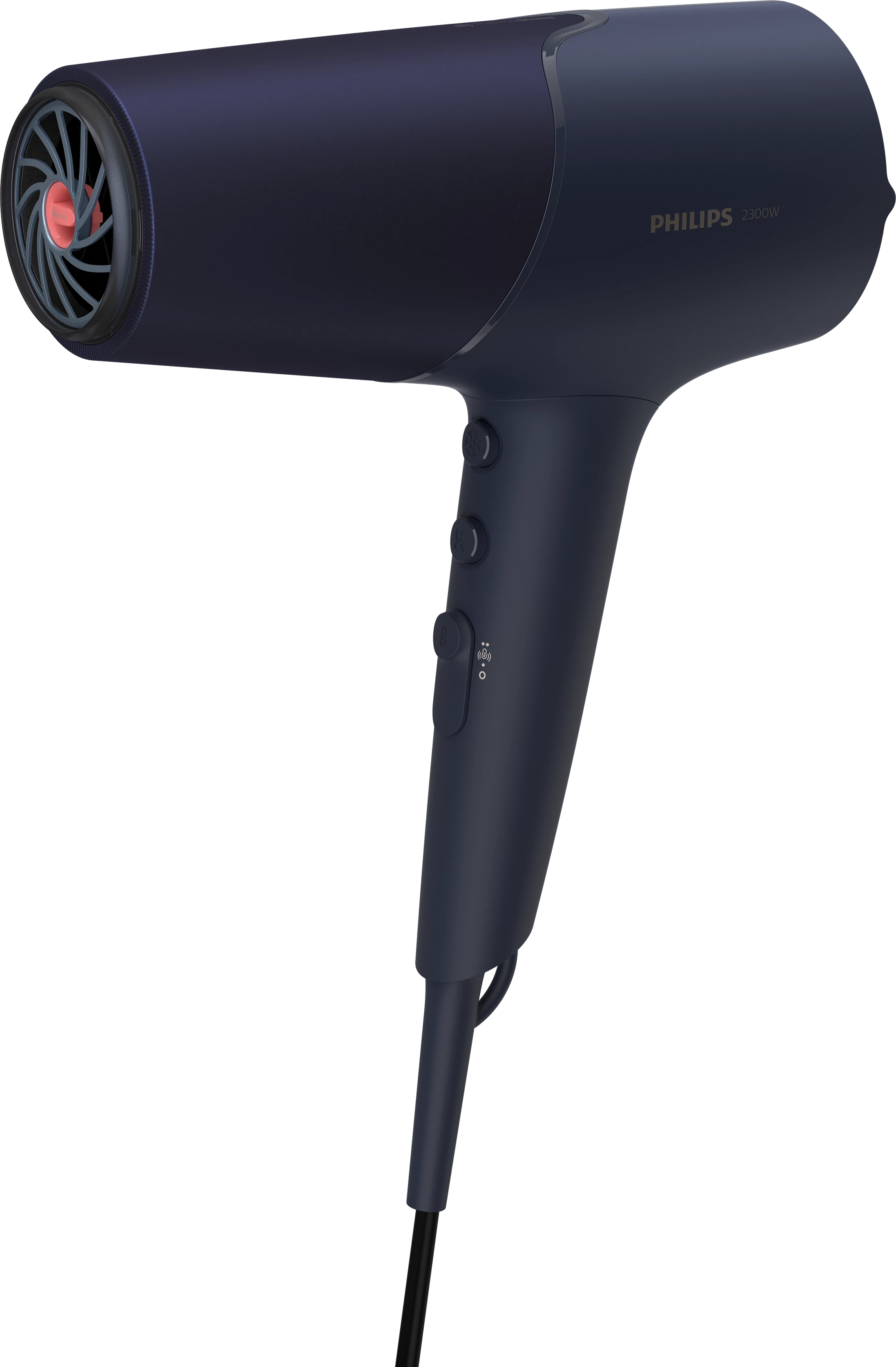 Marineblauer Philips-Haartrockner. Die Front hat einen roten Filter. Der Griff hat drei Knöpfe.