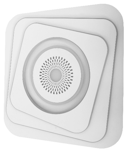 Fehér, rétegzett absztrakt design. Koncentrikus négyzeteket és egy központi kör alakú mintát tartalmaz.