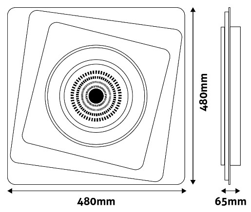 Négyzet alakú mennyezeti lámpatest diagramja, méretekkel és belső részletekkel.