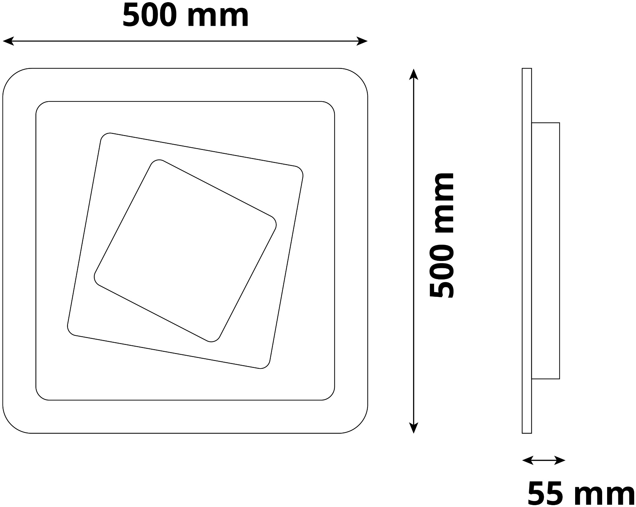 Négyzet alakú lámpa diagramja, 500mm x 500mm x 55mm méretekkel.