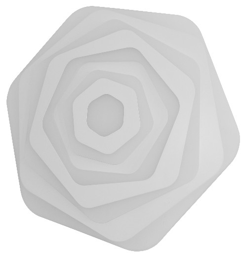 Absztrakt fehér rétegezett geometriai alakzat, virágra vagy spirálra hasonlít.