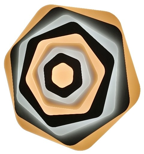 Többrétegű, geometrikus mennyezeti lámpa hatszögletű kialakítással.
