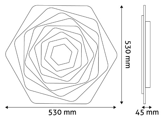 Geometriai diagram: koncentrikus hatszögek. Méretek: 530mm x 530mm x 45mm.
