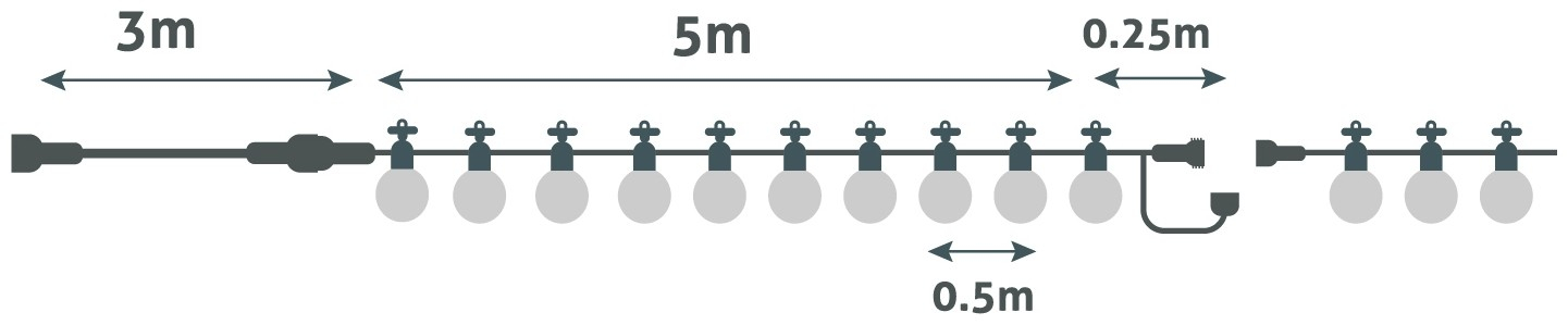 Egy füzérnyi lámpa, 0,5 m-re elhelyezett izzókkal, fekete vezetékkel összekötve.
