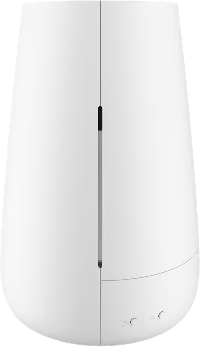 Umidificatore bianco con forma cilindrica e una singola linea verticale. È su una superficie bianca.