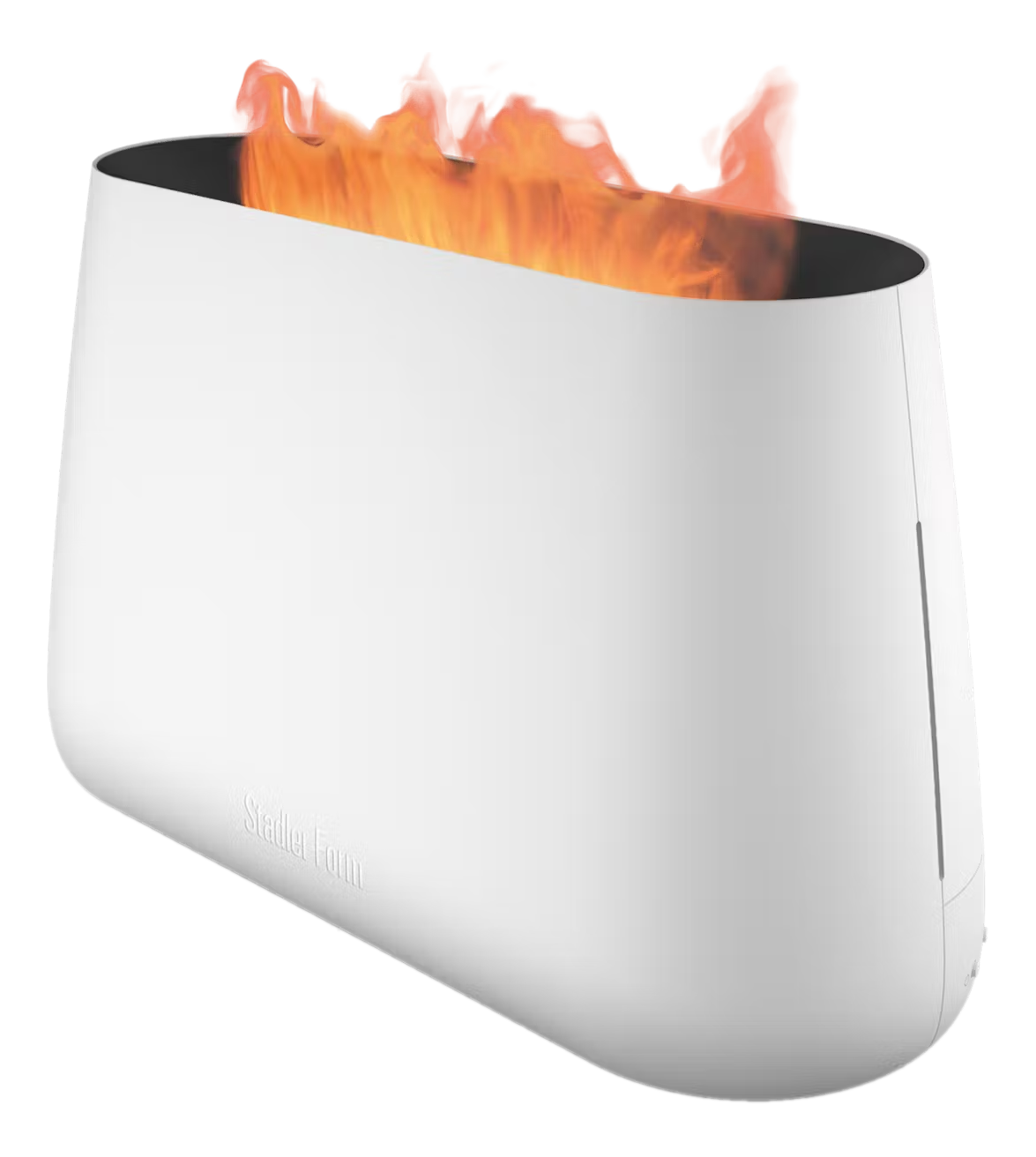 Caminetto elettrico bianco, moderno, con fiamme visibili. Sfondo nero.