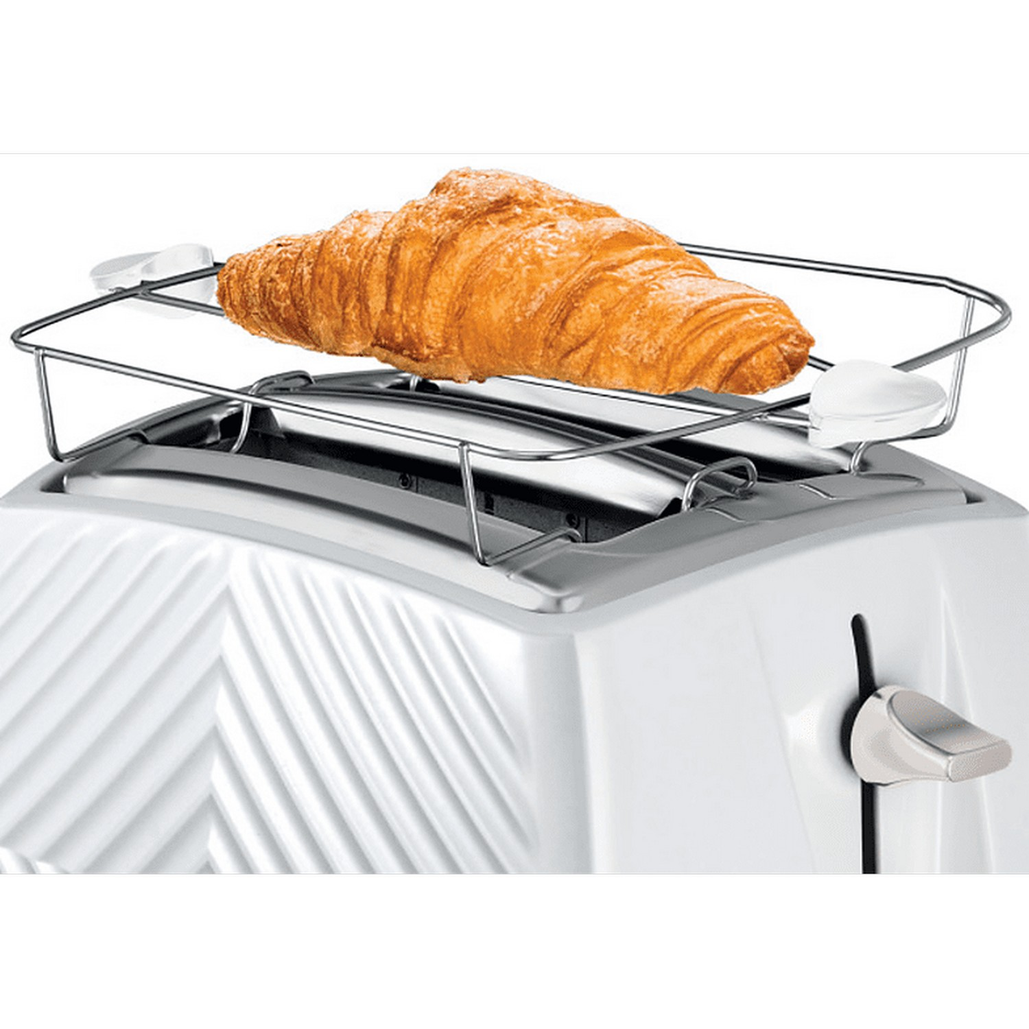 A white toaster with a croissant on the warming rack.