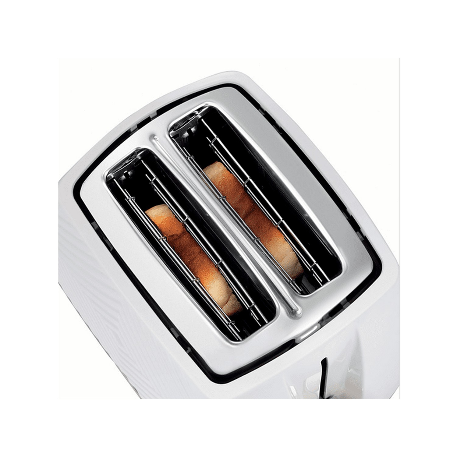 White toaster with two slots. Two slices of bread are inside the toaster.