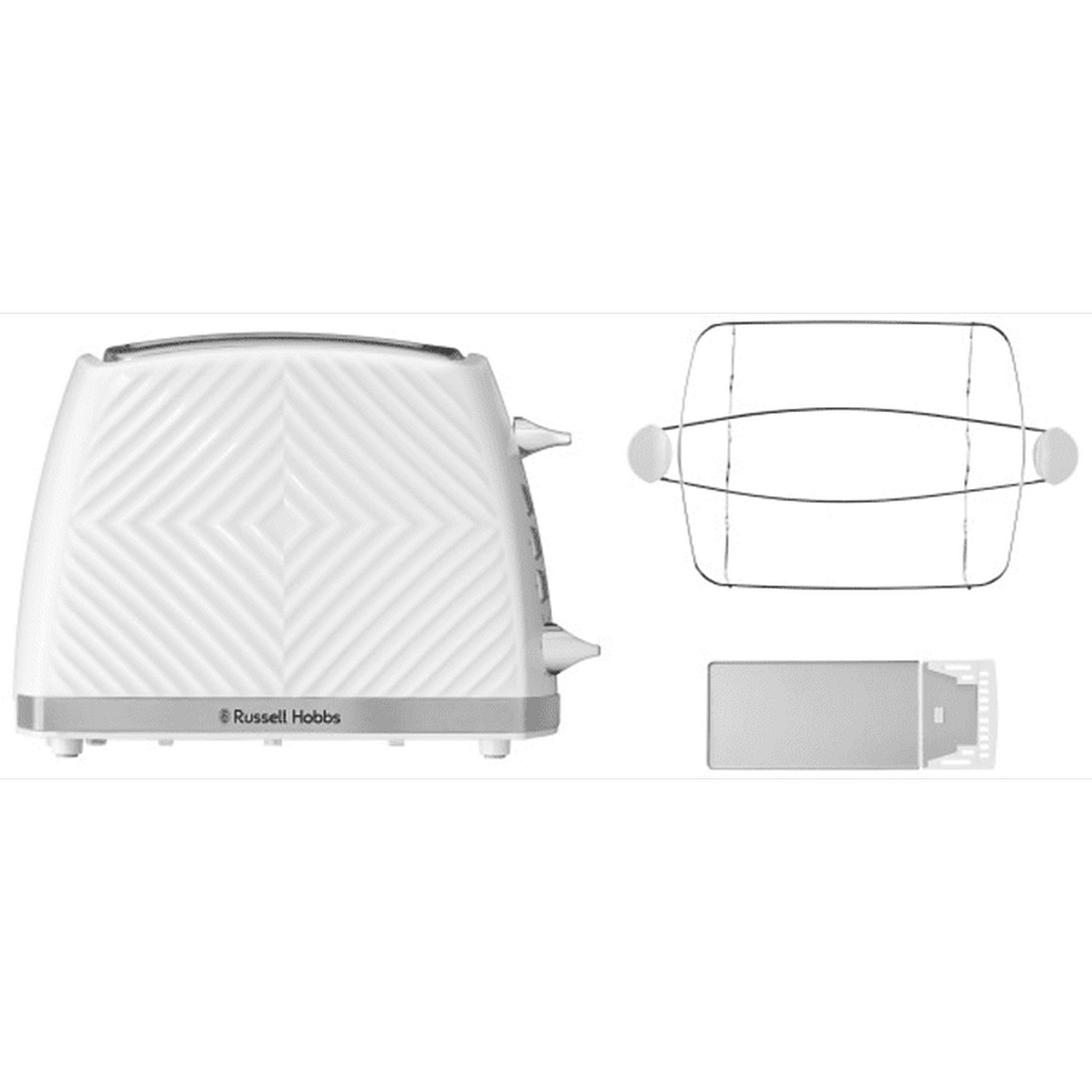 White toaster with a white top-rack, and a white crumb tray.