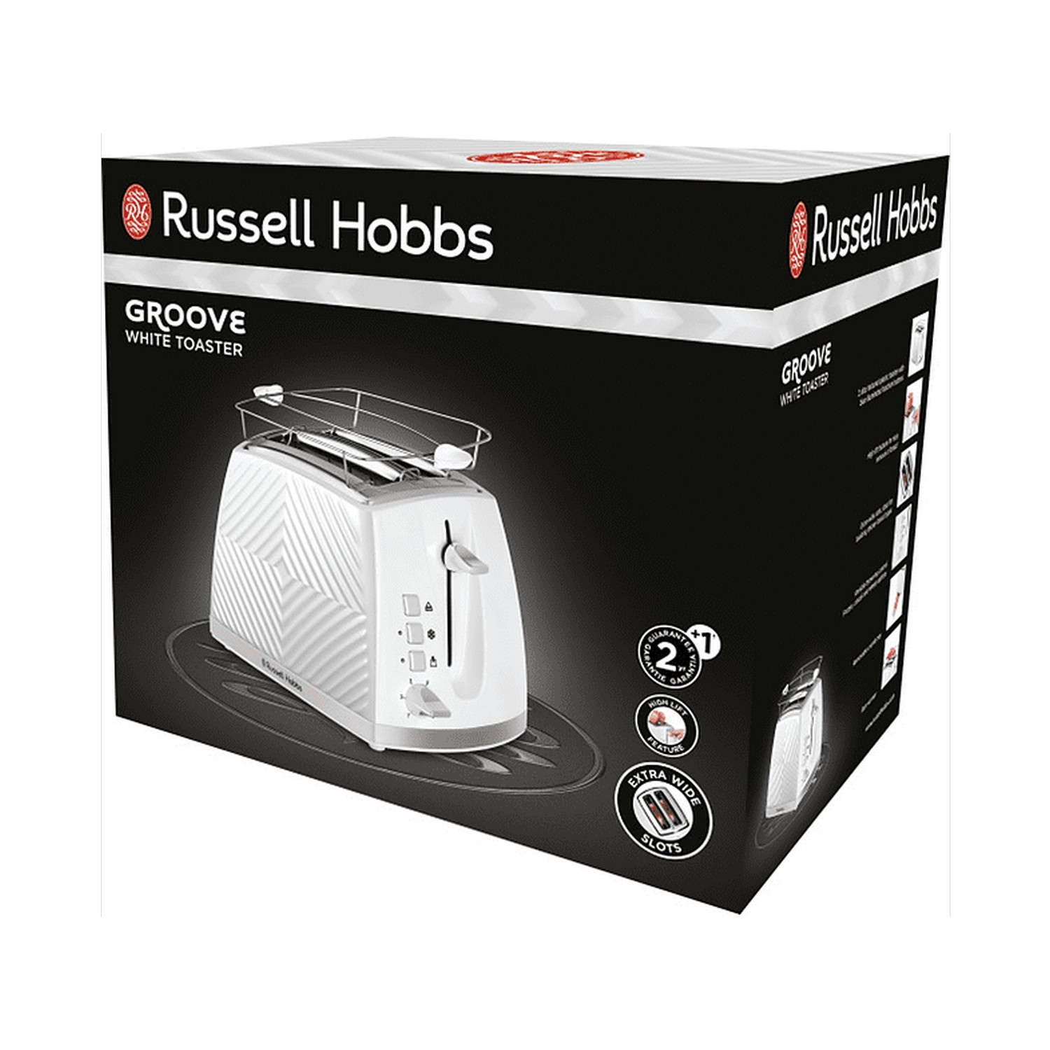 White Russell Hobbs toaster in a black box.  The box says 'Groove White Toaster' and 'Extra Wide Slots'.