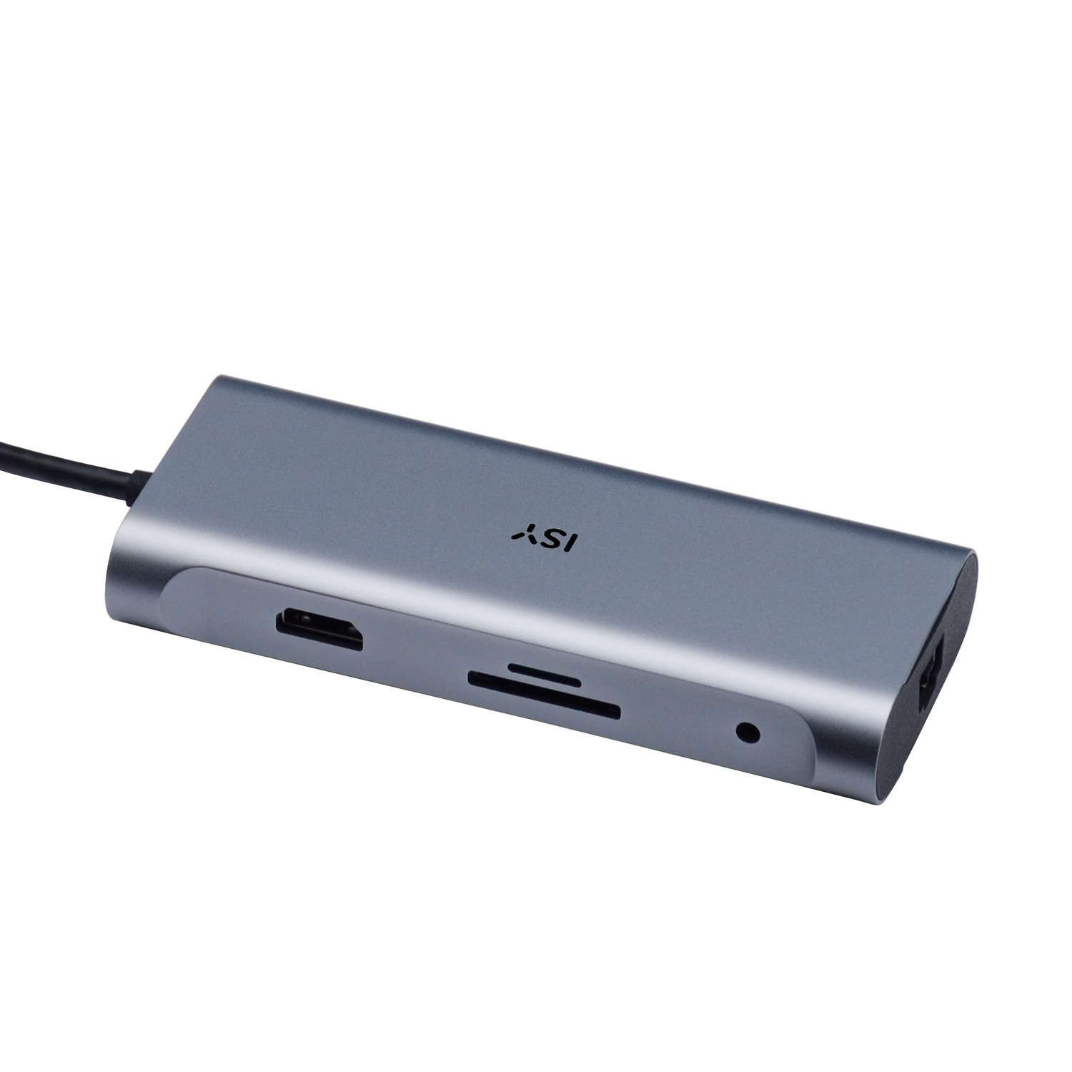 Un hub USB gris avec plusieurs ports, vu légèrement en biais, sur une surface blanche.