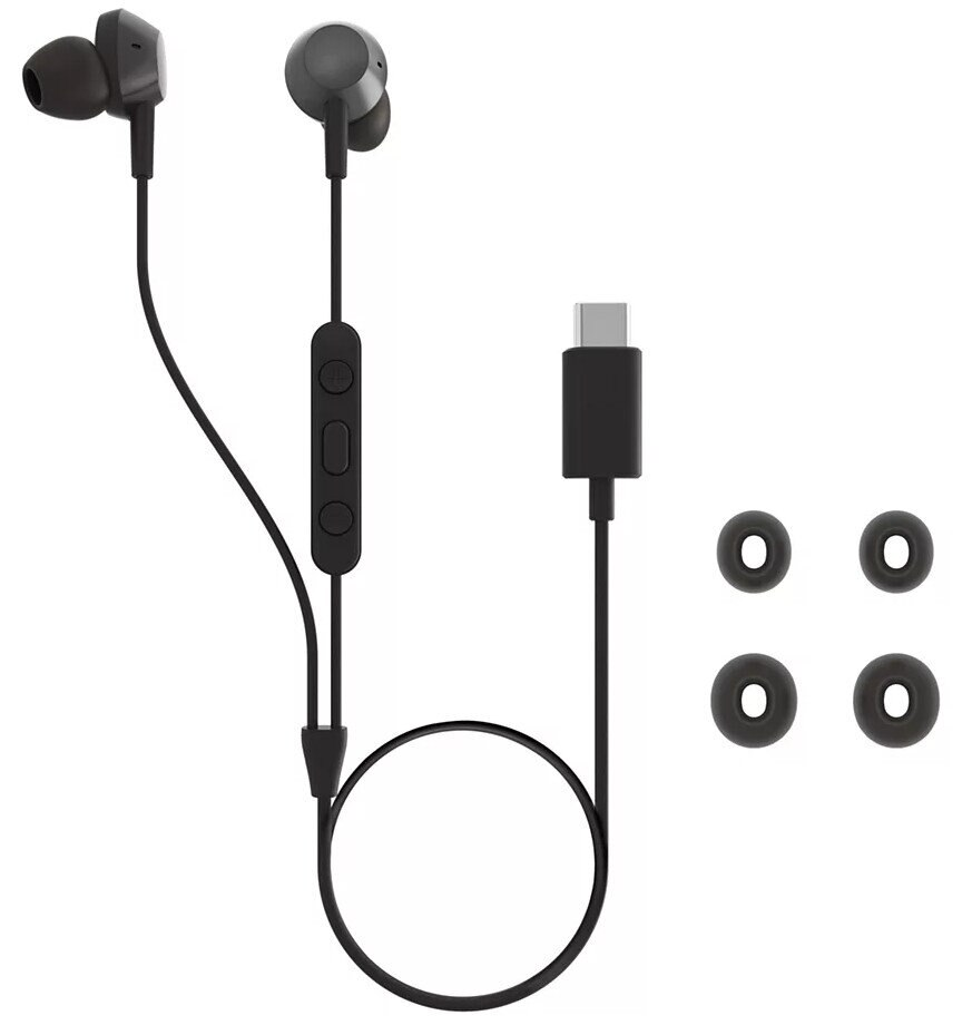 Czarne przewodowe słuchawki, sterowanie na kablu, złącze USB-C i dodatkowe wkładki douszne.