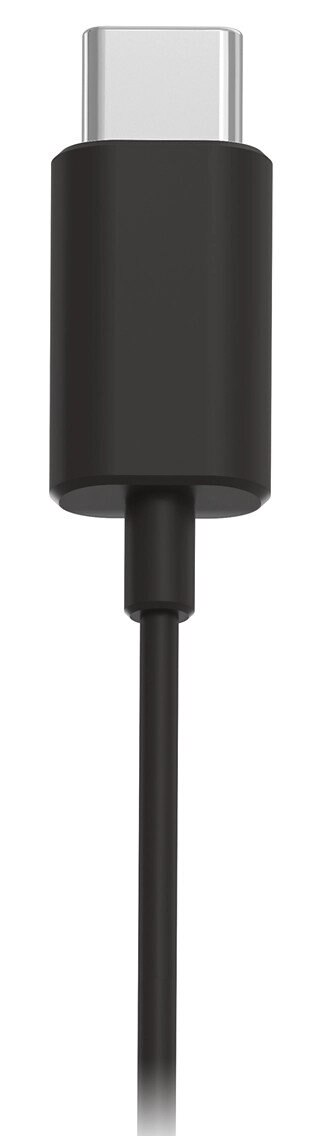 Zbliżenie czarnego kabla USB-C na białym tle.