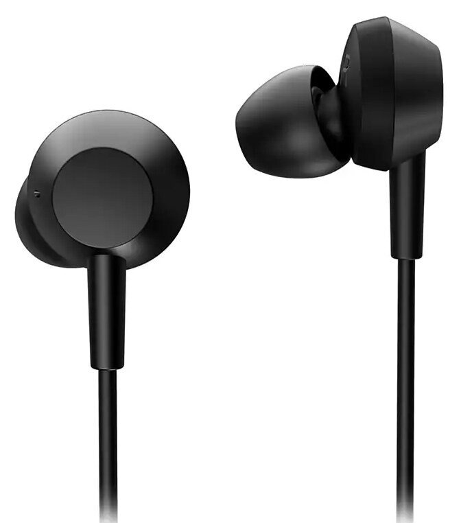 Dwa czarne słuchawki douszne z czarnymi przewodami. Słuchawki są na białym tle.