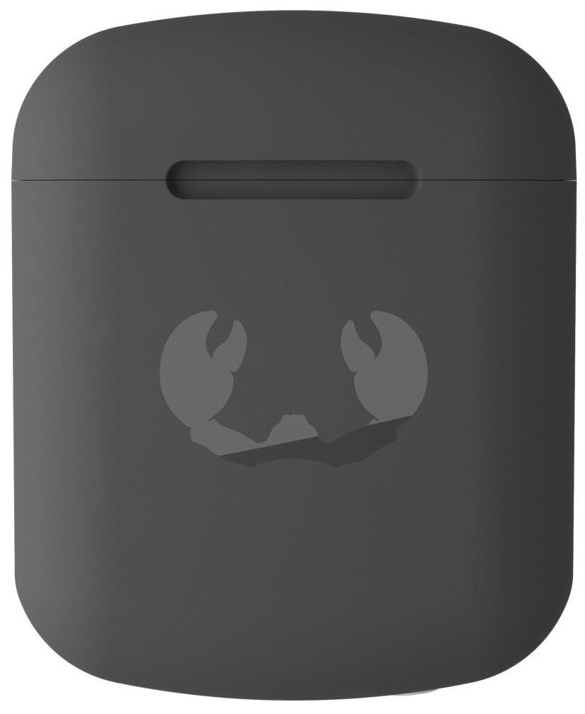 Szare etui na AirPods z logo kraba. Etui jest gładkie i zaokrąglone.