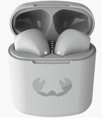 Białe etui na słuchawki z włożonymi słuchawkami.