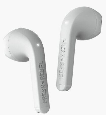 Dwa białe bezprzewodowe słuchawki z nadrukowaną nazwą marki 'FRESH 'N REBEL'.