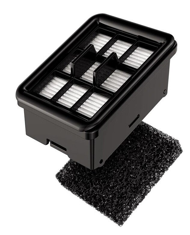 Czarny pojemnik na filtr z elementami filtrującymi i oddzielną czarną pianką.