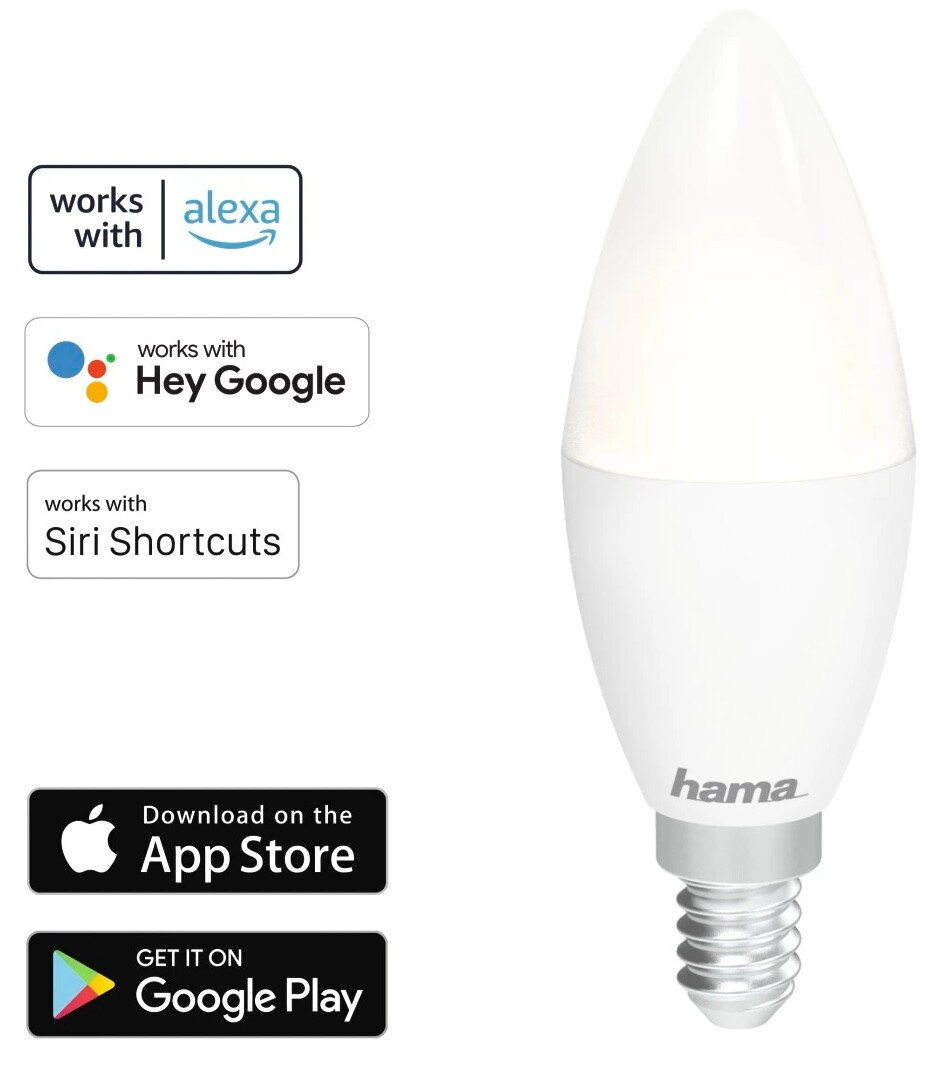 Biała żarówka w kształcie świecy z grafiką marketingową i logo sklepów z aplikacjami.