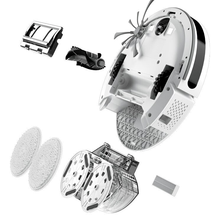 Zdemontowany biało-czarny robot odkurzający z różnymi elementami.