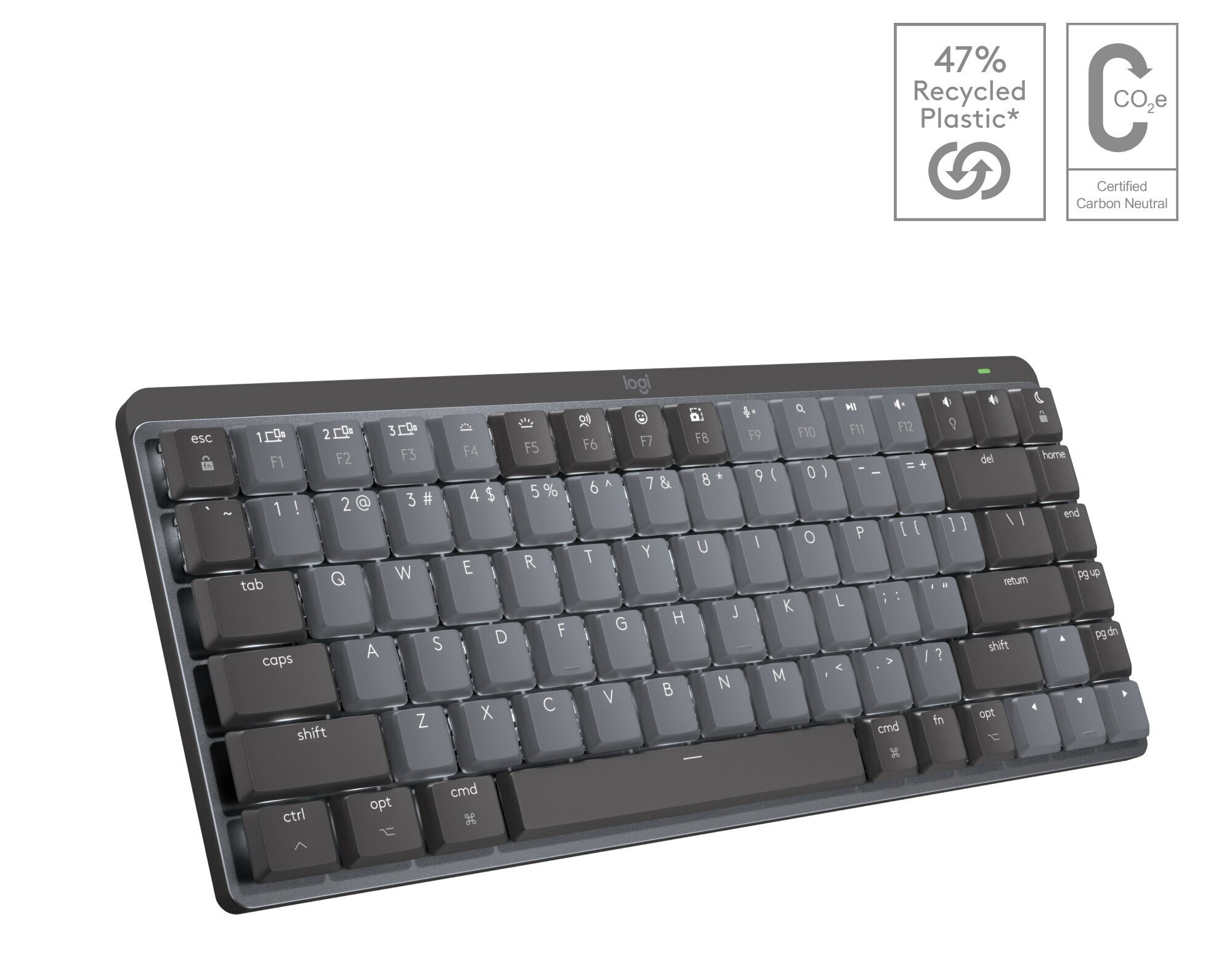 Szara klawiatura z logo 47% tworzywa sztucznego z recyklingu i logo 'neutralny dla emisji dwutlenku węgla'.