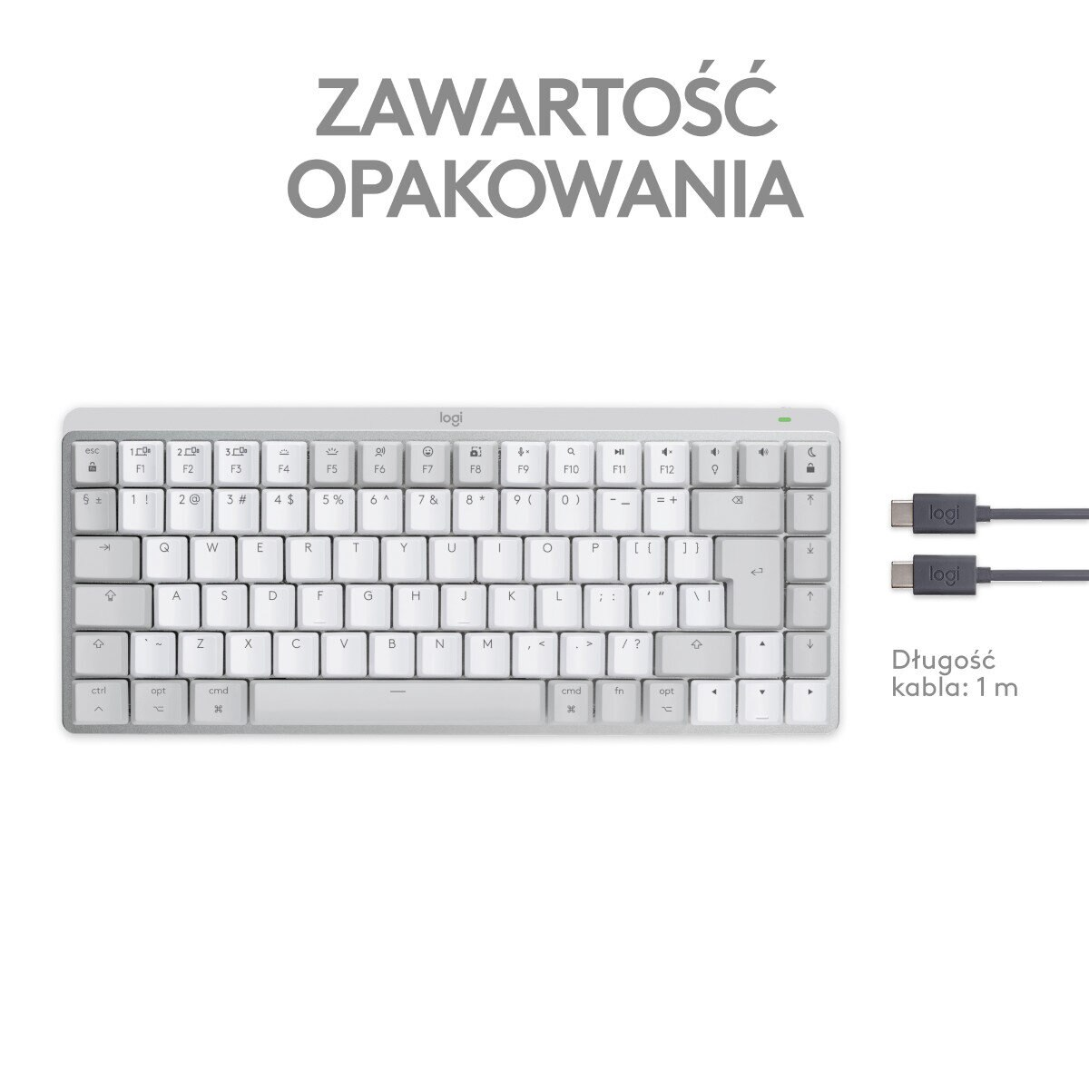 Biała klawiatura z kablem. Tekst mówi: 'Zawartość opakowania'.