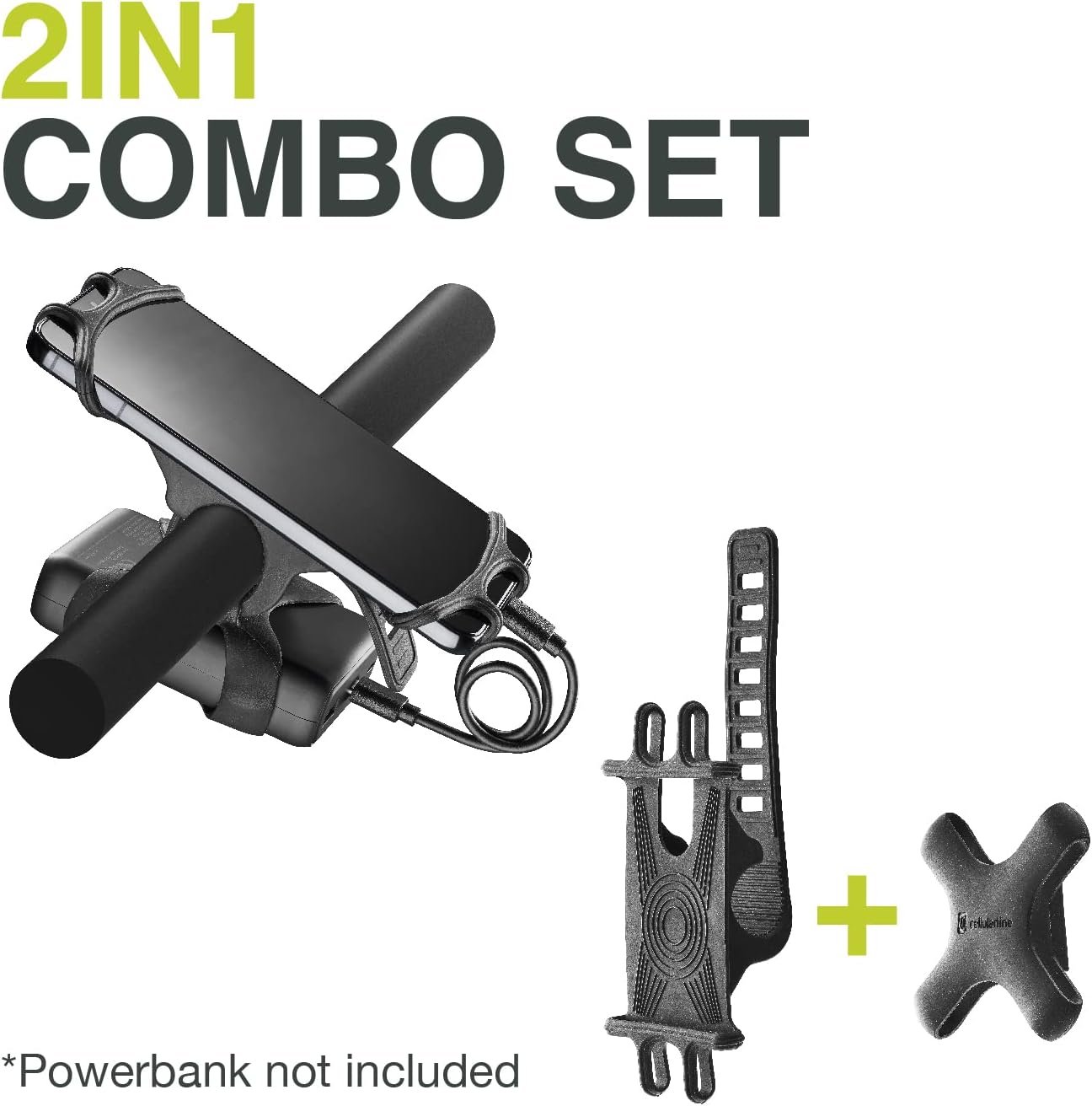 Set combinato 2 in 1 con supporto per telefono e accessori, con sfondo nero.