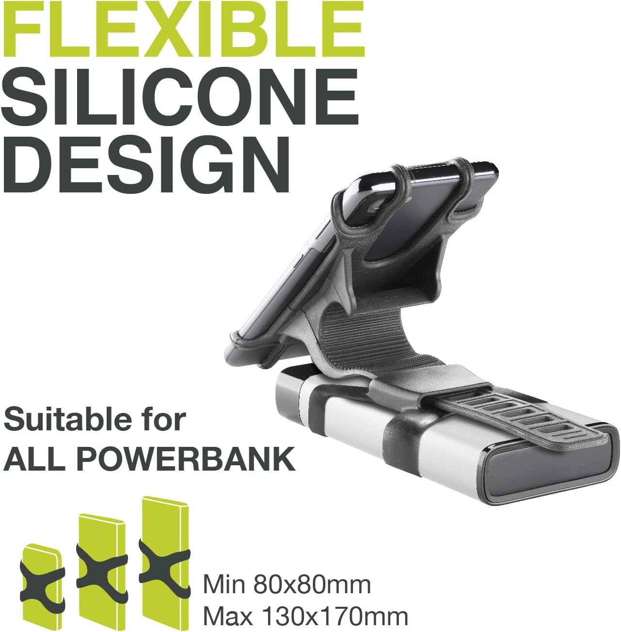 Un telefono è tenuto da un supporto in silicone nero collegato a un power bank argentato.