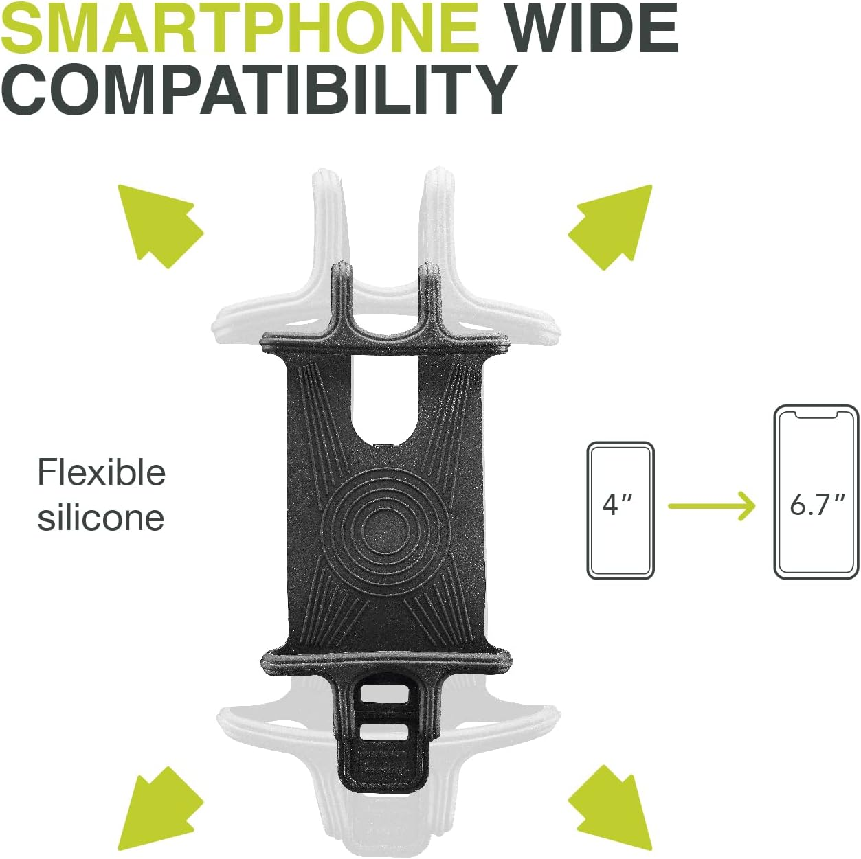 Supporto per smartphone. Supporto nero con frecce che mostrano la gamma di dimensioni del telefono da 4" a 6,7".