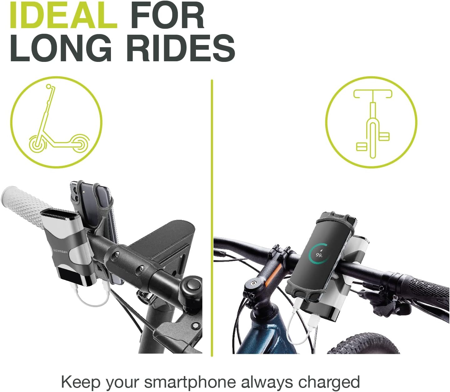 L'immagine mostra uno scooter e una bicicletta con supporti per smartphone, ideali per i lunghi viaggi.