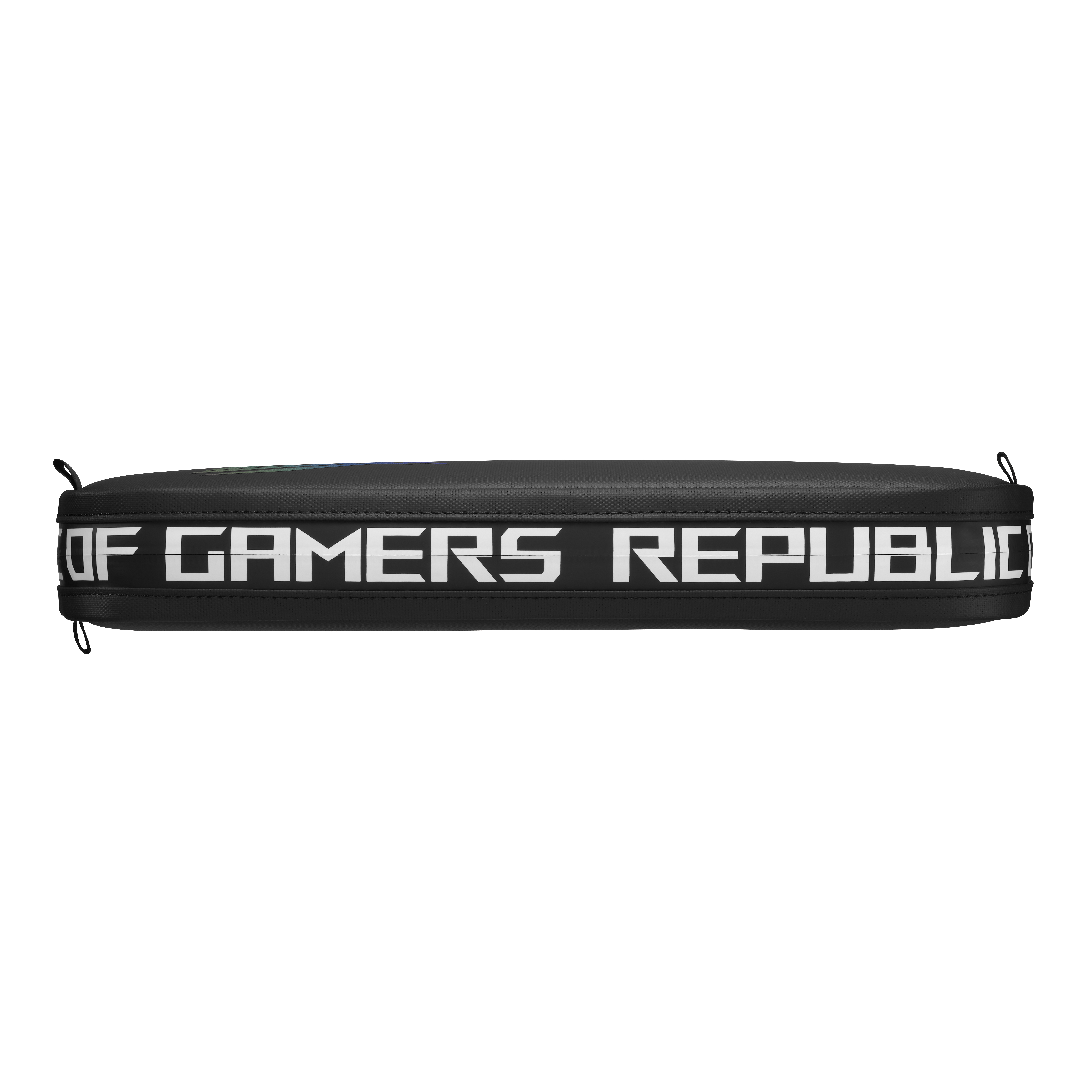 Schwarze Laptoptasche mit weißem Text: REPUBLIC OF GAMERS. Hat schwarze Reißverschlüsse und Laschen an jedem Ende.