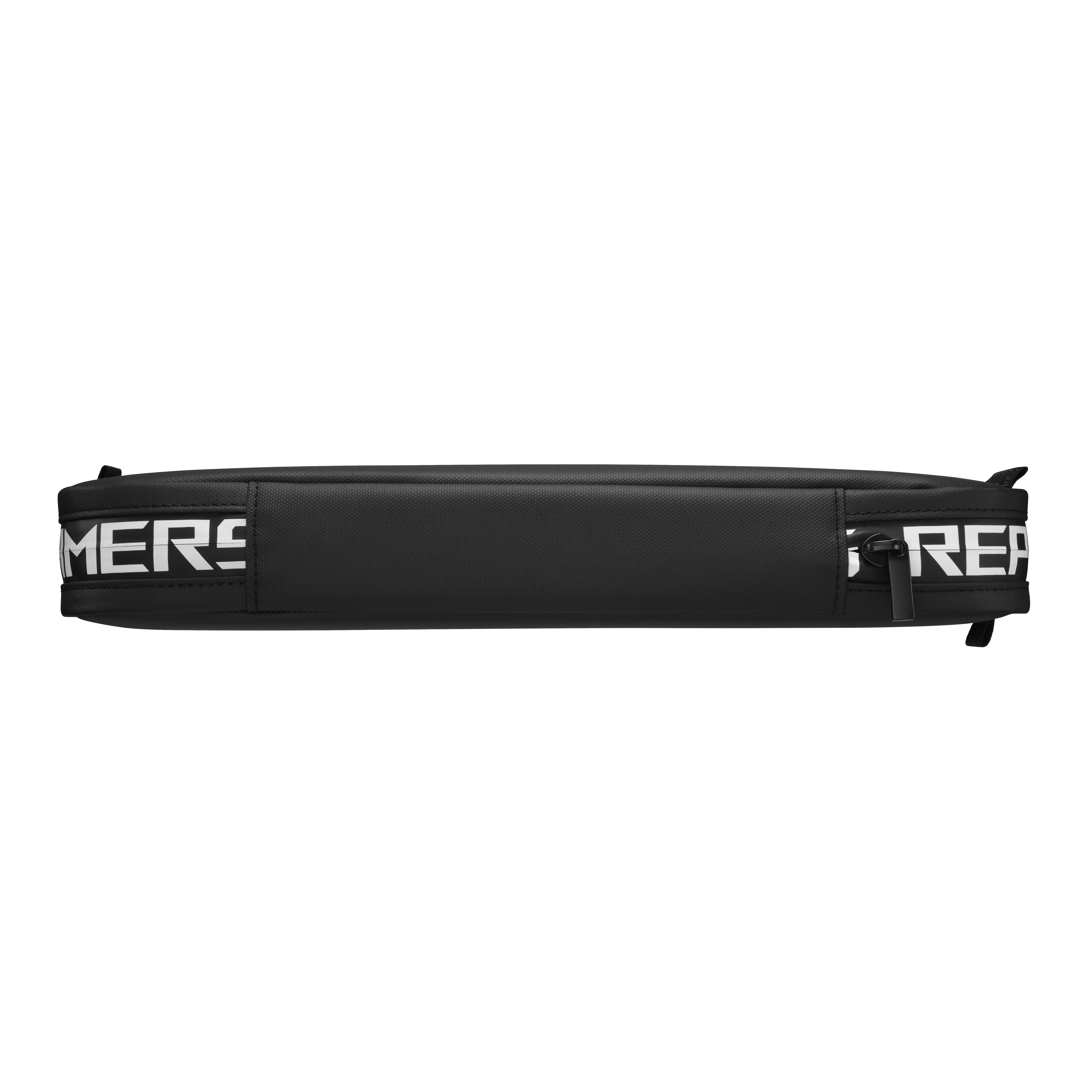 Schwarze Laptoptasche mit weißem Text 'GAMERS READY' auf weißem Hintergrund.