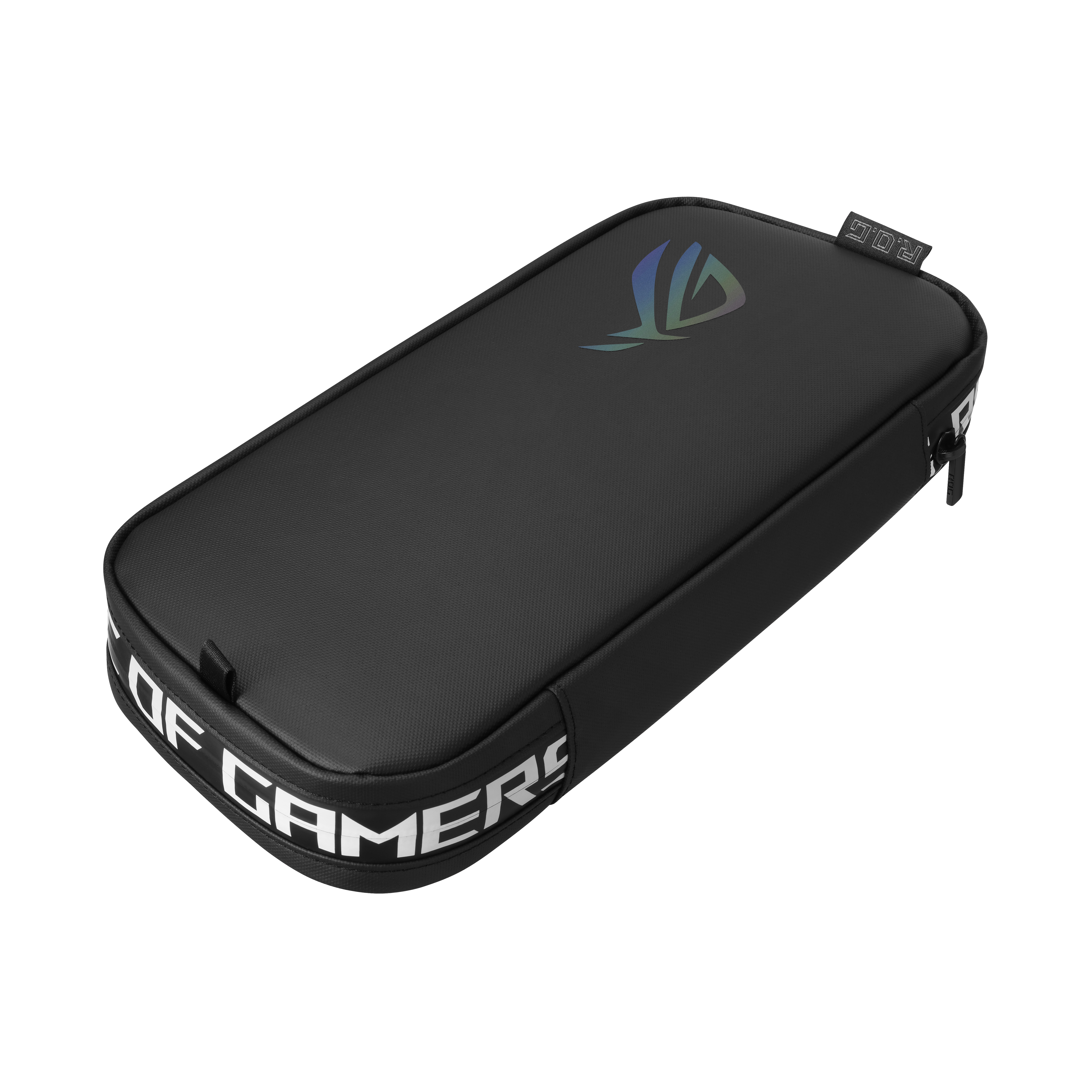 Schwarze Tragetasche mit ROG-Logo. Der Text "ROG OF GAMERS" steht seitlich.