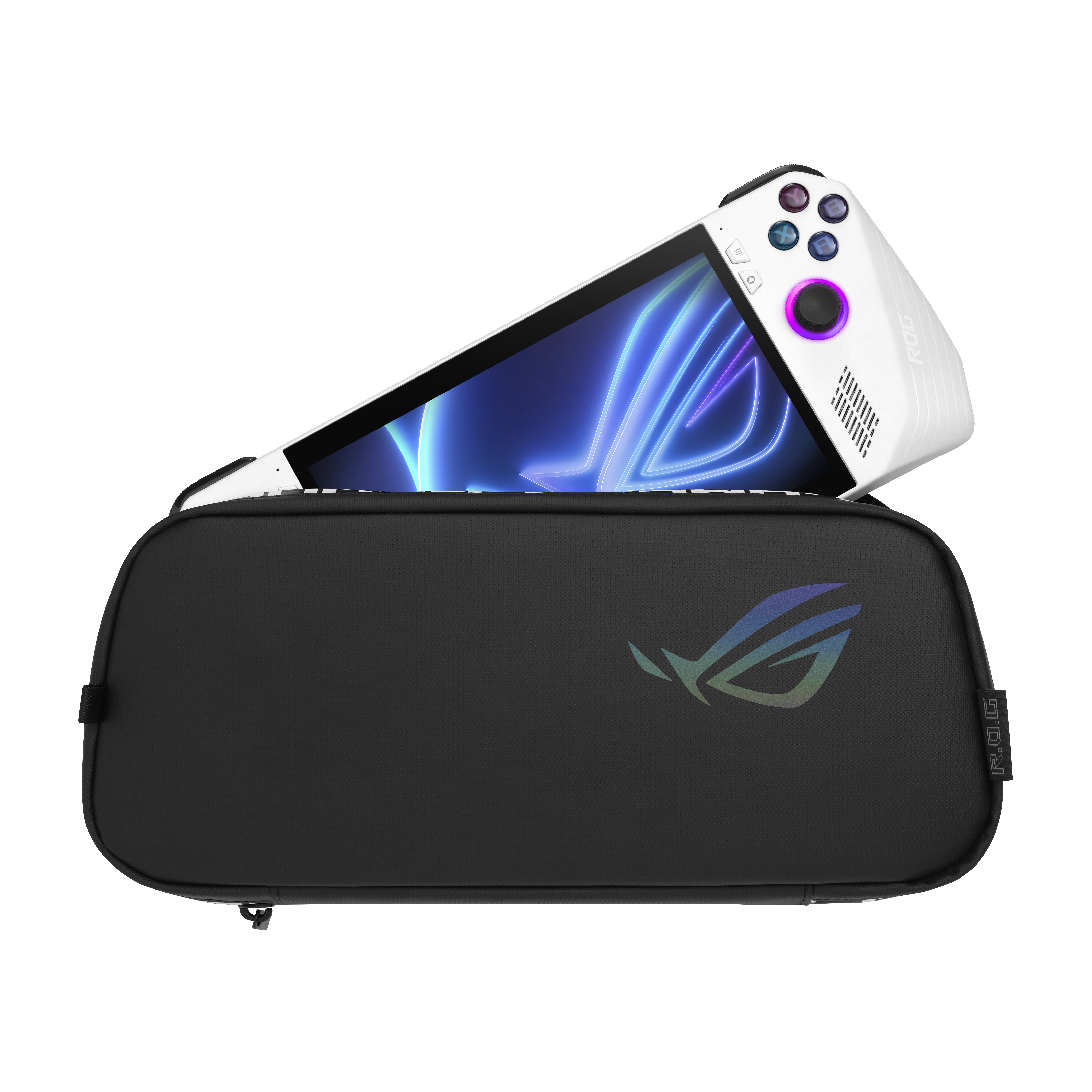 Weiße Handheld-Spielkonsole mit schwarzem Gehäuse, das ROG-Logo ist sichtbar.