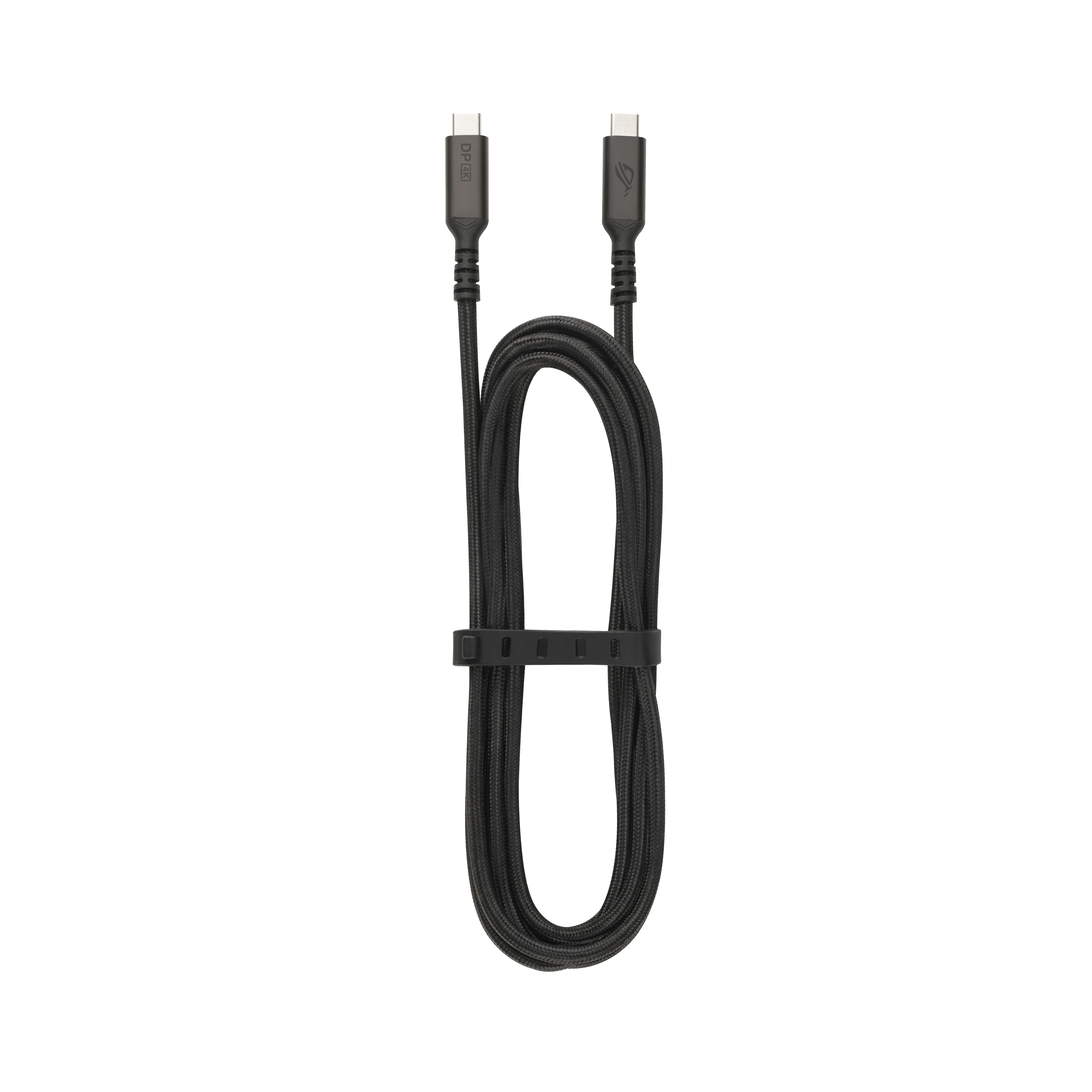 Schwarzes USB-C-Kabel. Zwei Stecker an den Enden, zusammengehalten von einem schwarzen Riemen.