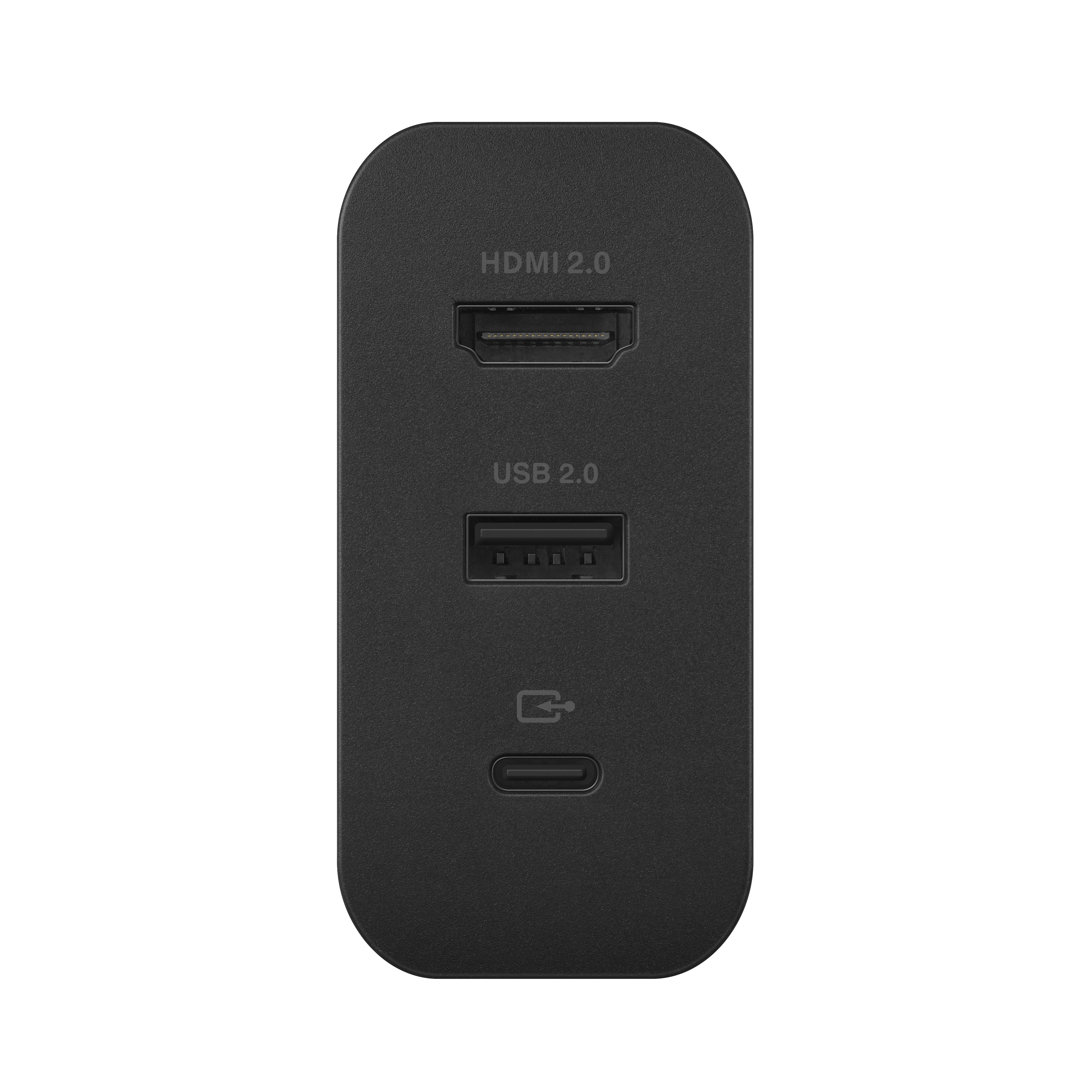 Nahaufnahme eines schwarzen Geräts mit HDMI-, USB- und Stromanschlüssen, wahrscheinlich ein Mediaplayer.