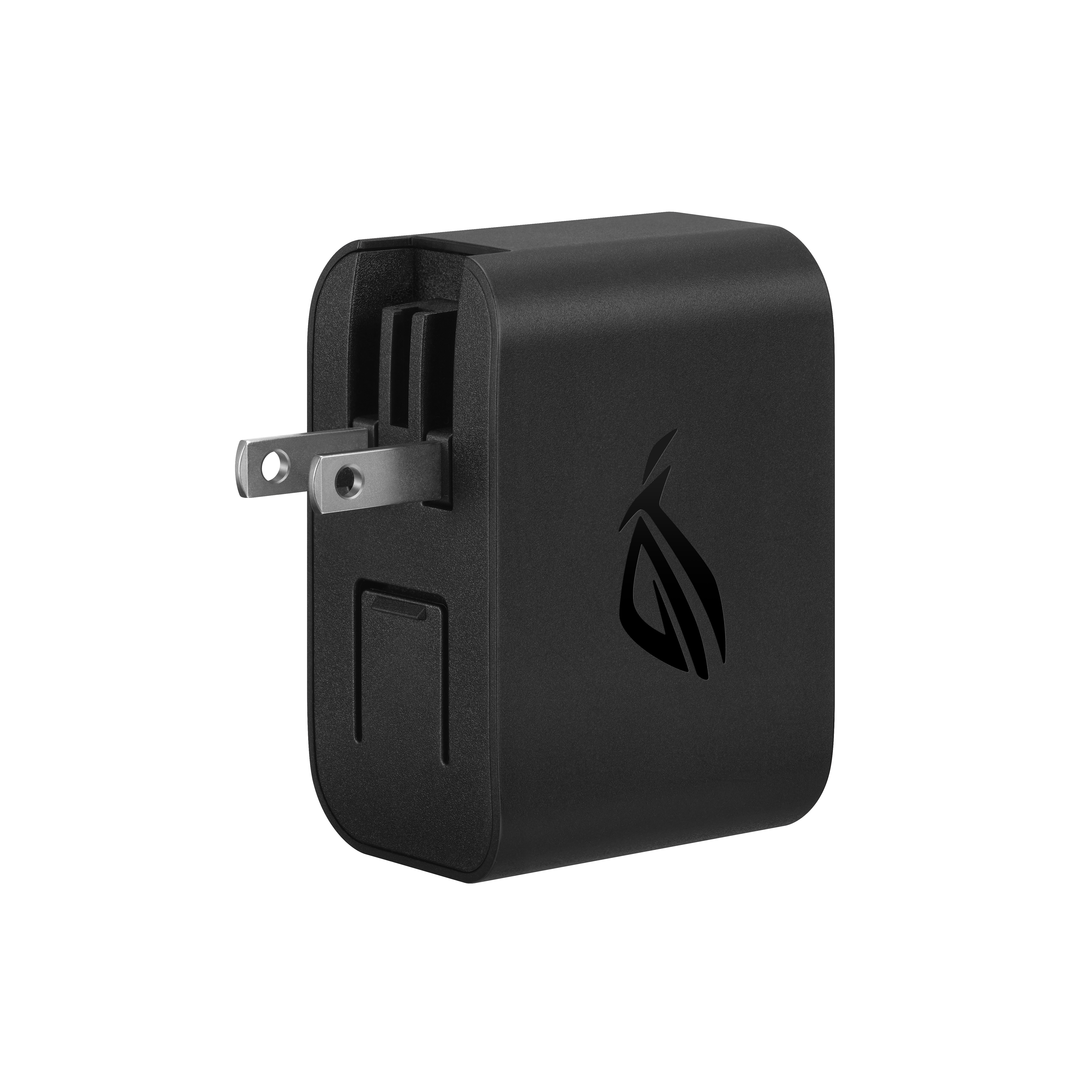 Schwarzer ROG-Netzadapter mit US-Stecker und ROG-Logo auf der Vorderseite.