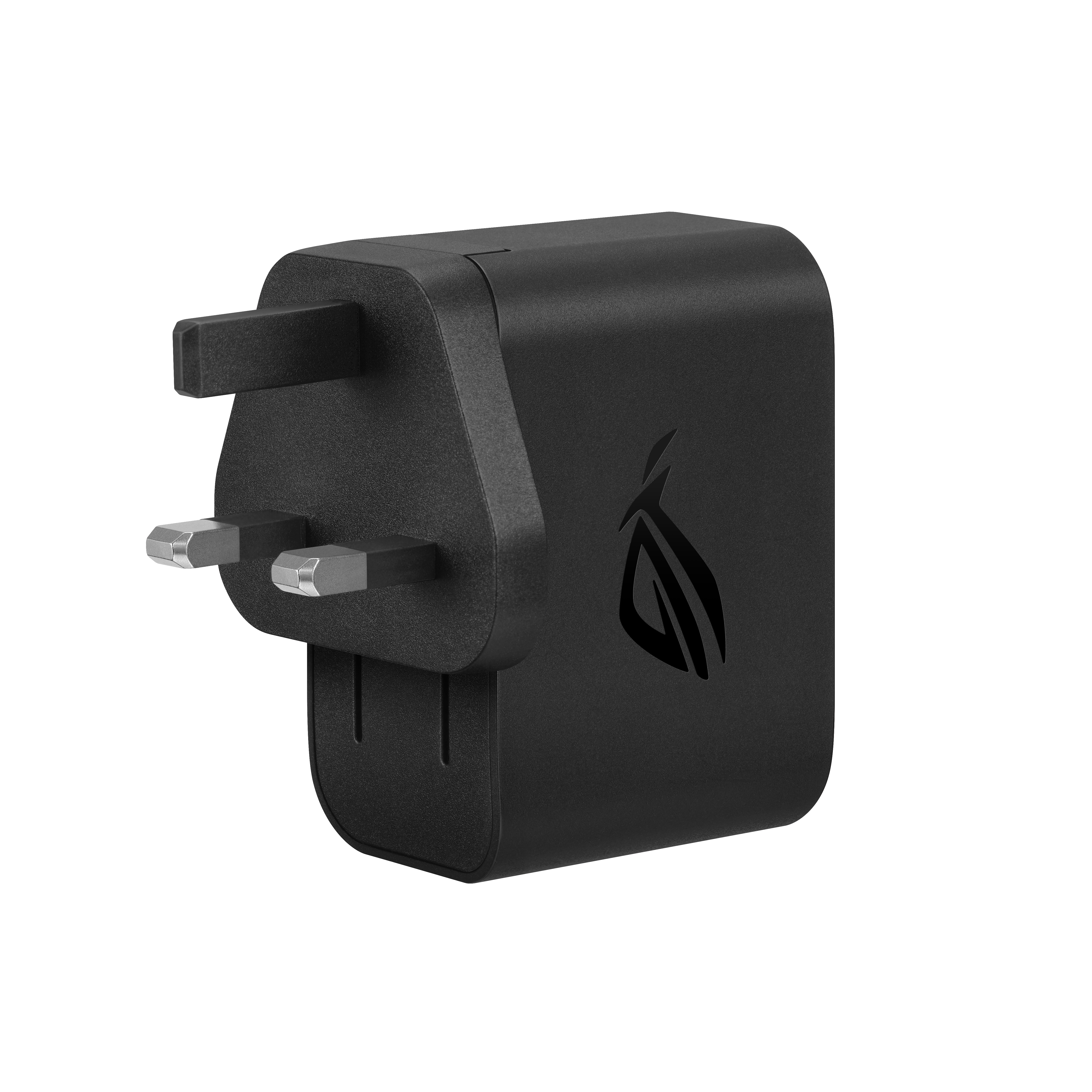 Schwarzes ROG-Netzteil mit UK-Stecker.
