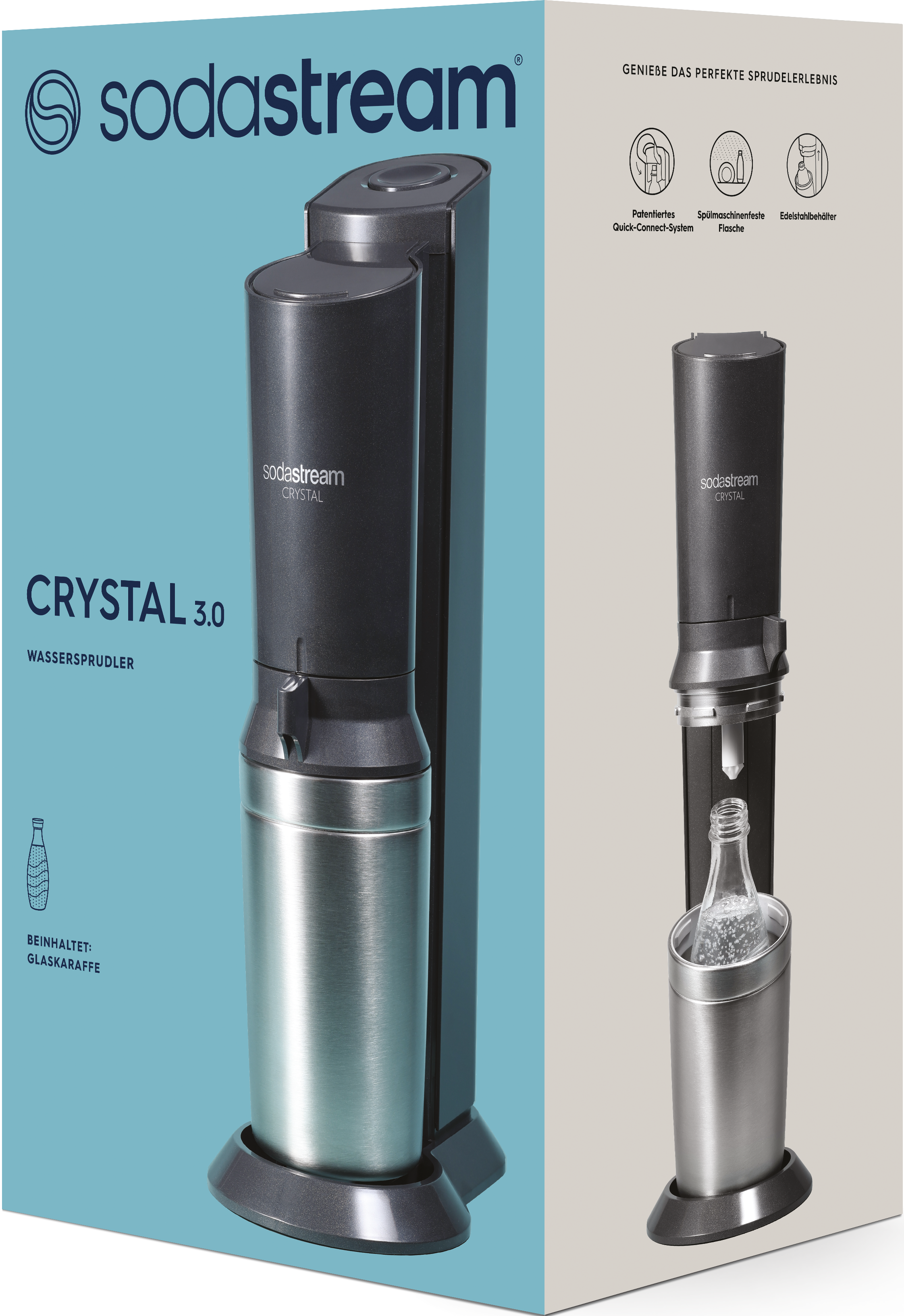 SodaStream Crystal 3.0, présentant la machine et une bouteille.