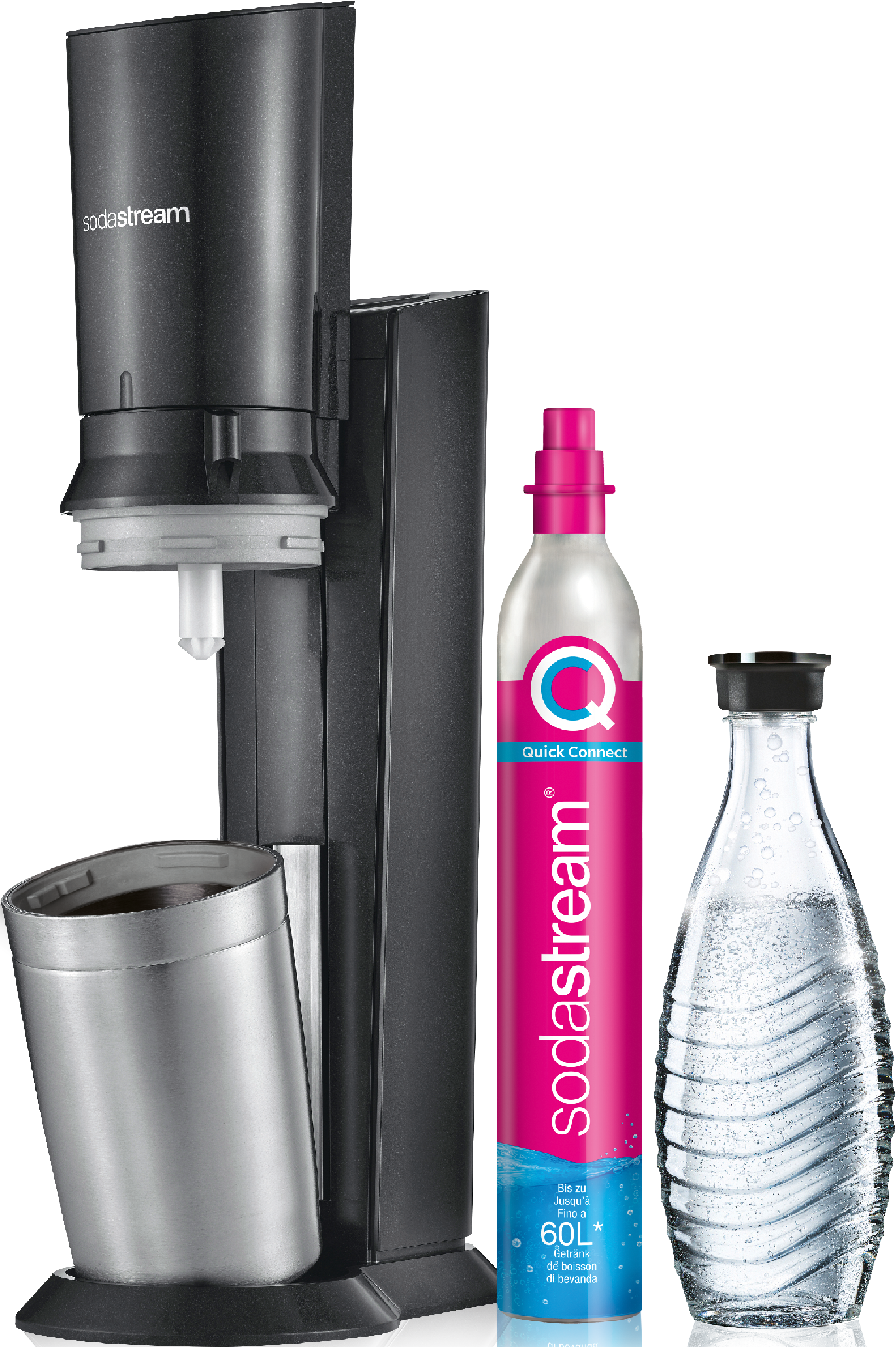 Appareil SodaStream avec bouteille, cylindre CO2 et gobelet argenté.