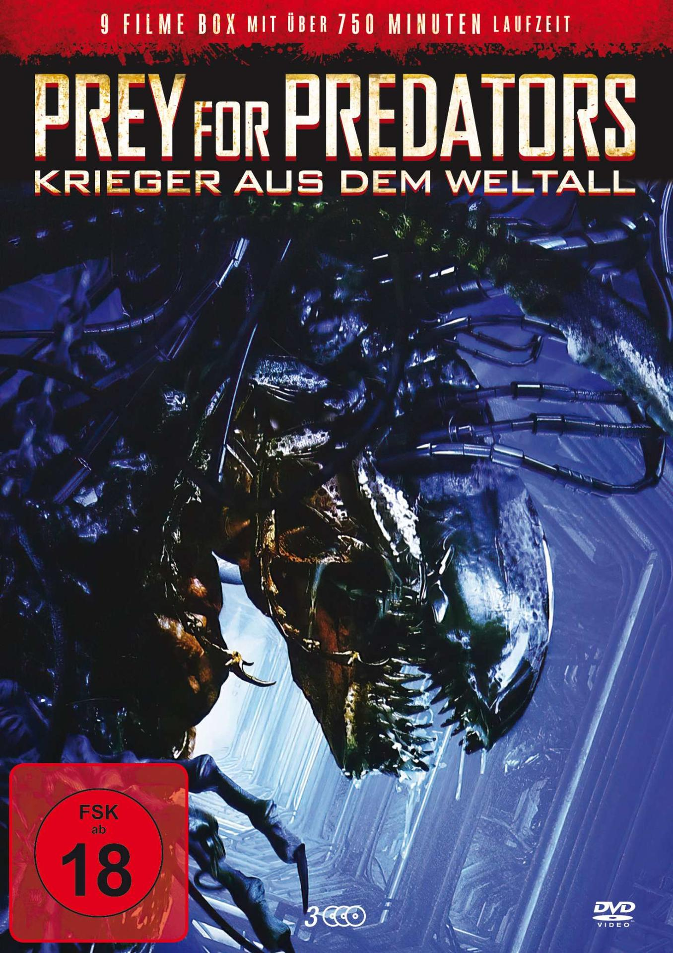 DVD-Cover mit einem Monster. Der Titel lautet Prey for Predators. Hat eine rote 18-Bewertung.
