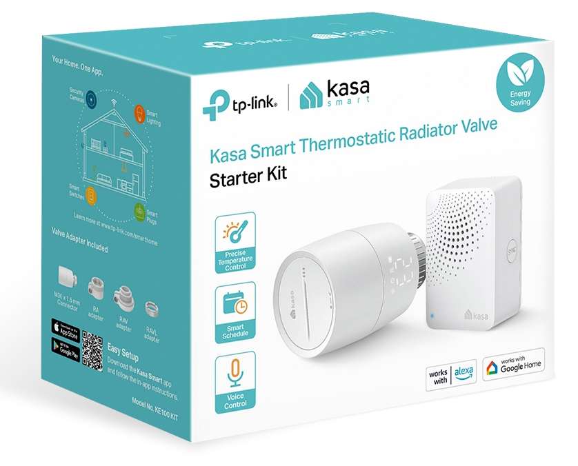Kasa Smart termosztatikus radiátorszelep kezdő készlet doboza, termékkel.