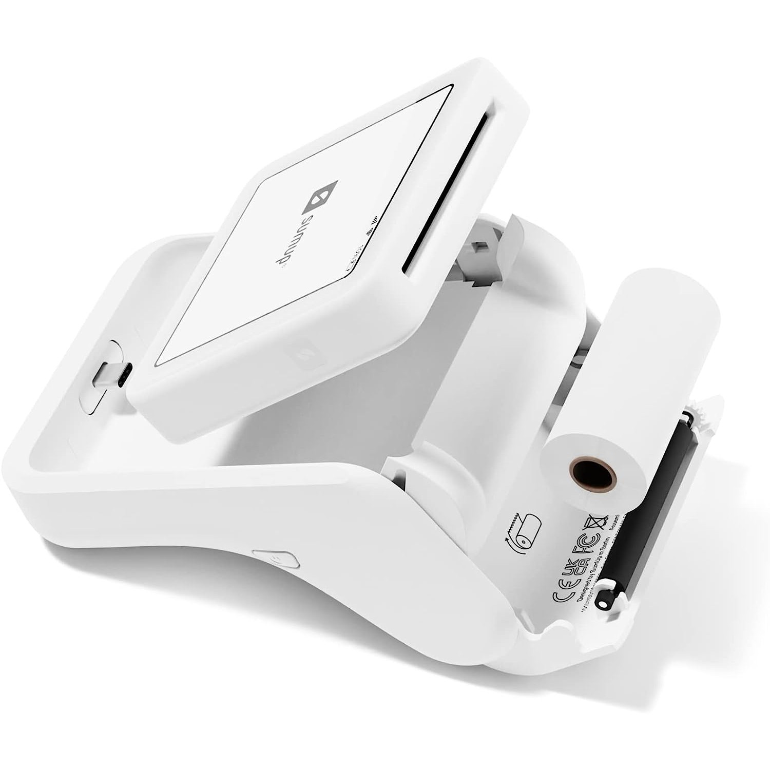 Imprimante portable blanche avec le dessus ouvert révélant rouleau de papier et composants internes.