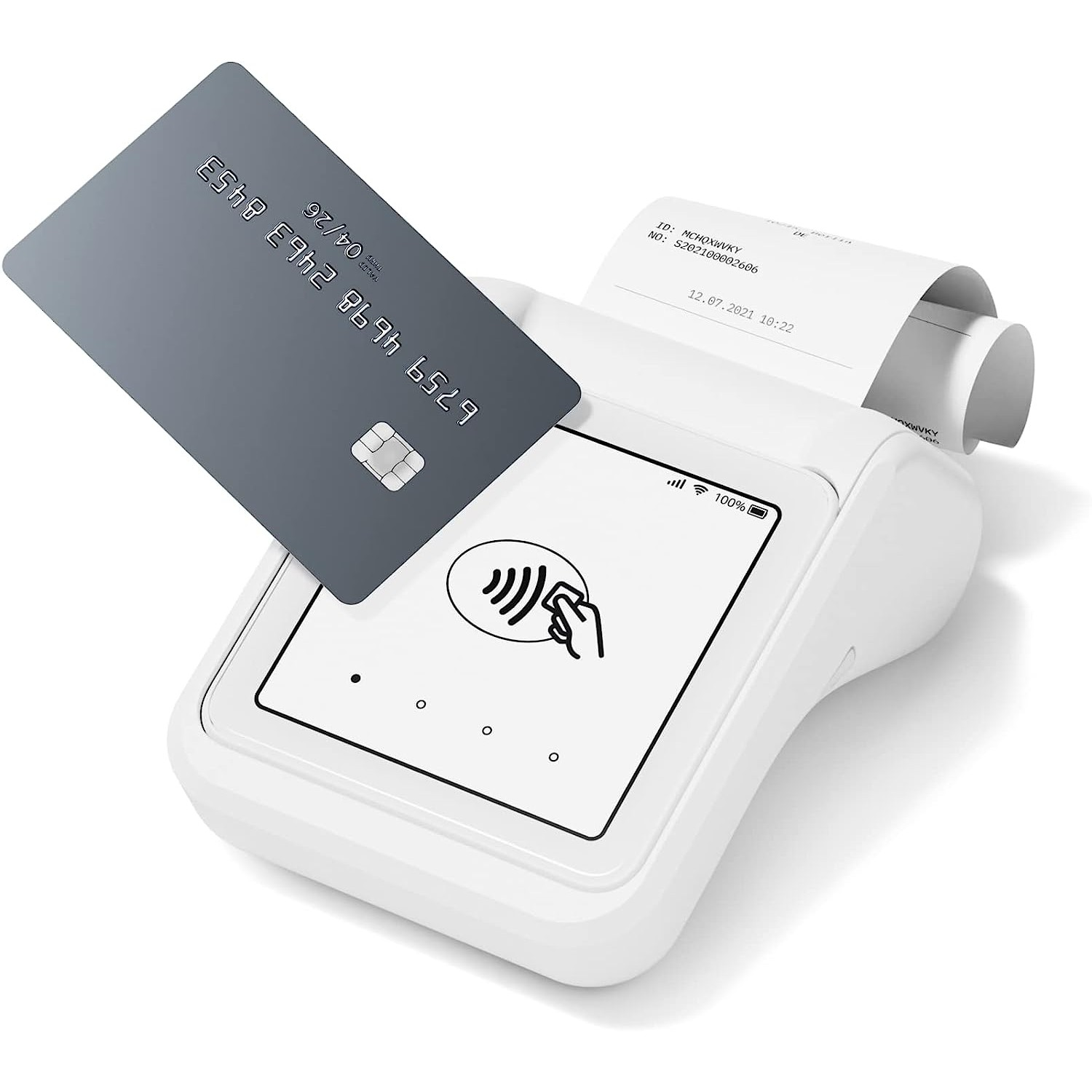 Une carte de crédit est utilisée sur un terminal de paiement blanc. Un reçu est sur le côté.